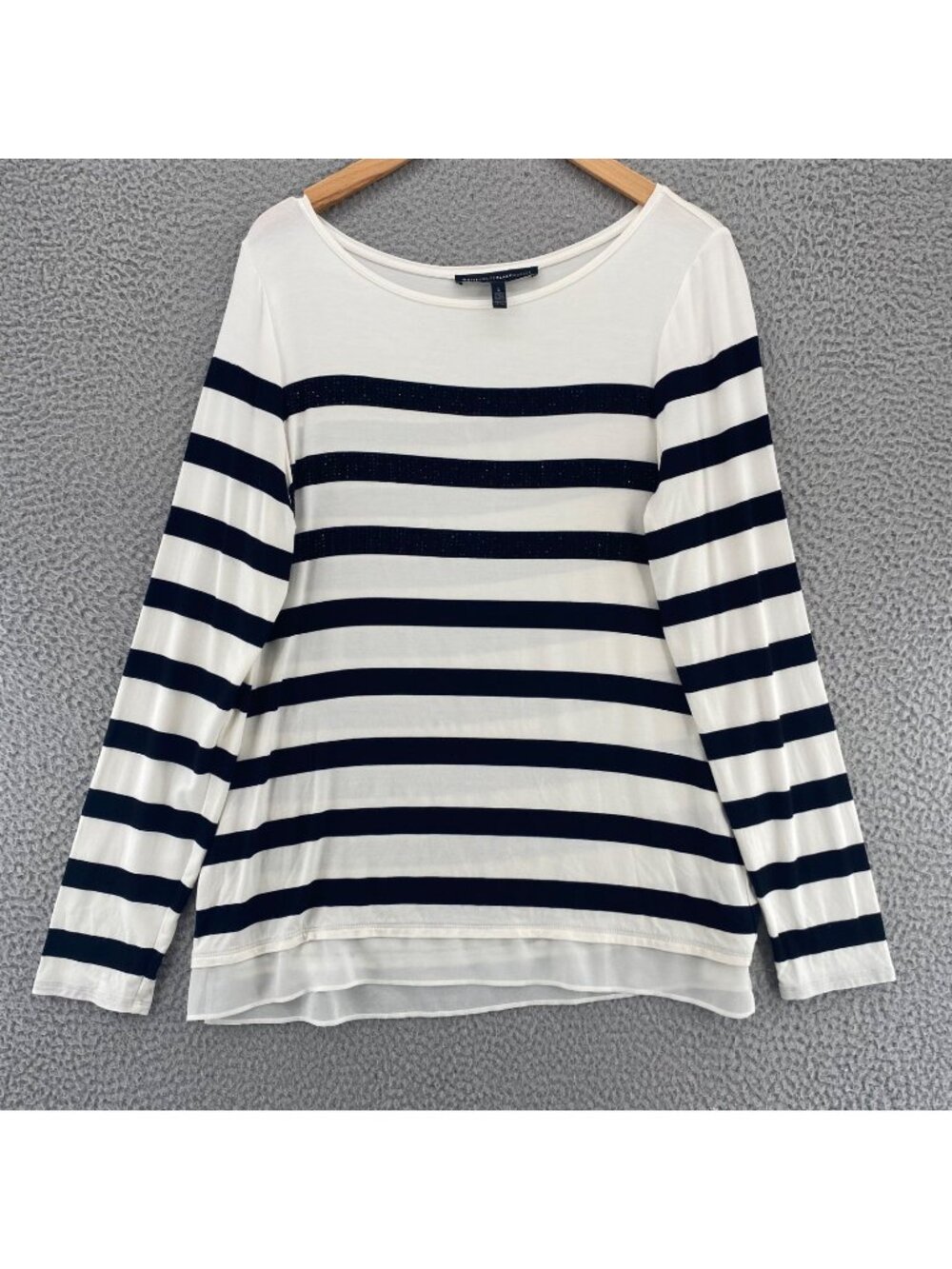 White House Black Market Top Women Large White Black Stripe Rhinestone Knit Tee*